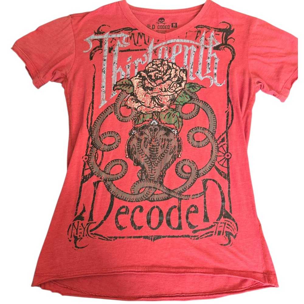 D Coded Men's Graphic T Shirt Medium Red Short Sleeve Skull Rose‎ Tattoo Style